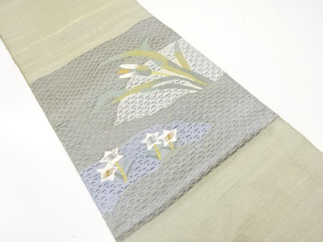 金通し　変わり織　草花模様織り出し　名古屋帯